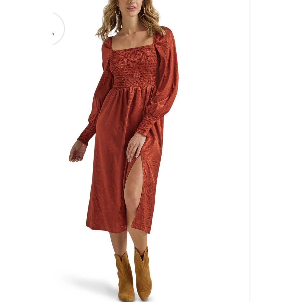 Wrangler Retro Smoked Bodice Dress - Midi Rust Orange Silly Rodeo Side Slit Sz S